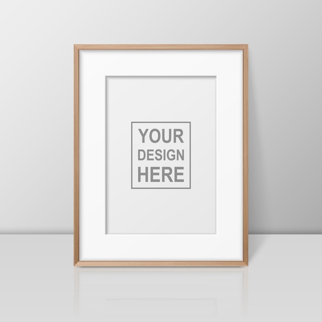 Vector 3D-realistische A4 bruin houten eenvoudig modern frame op een glanzend witte plank of tafel met reflectie tegen een witte muur het kan worden gebruikt voor presentaties ontwerpsjabloon voor mockup vooraanzicht