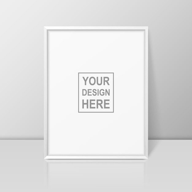 Vector 3D-realistische A4 witte houten eenvoudige moderne Frame op een glanzend witte plank of tafel met reflectie tegen een witte muur het kan worden gebruikt voor presentaties Ontwerpsjabloon voor Mockup vooraanzicht