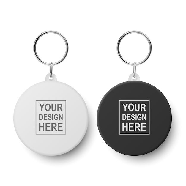 Vector 3d realistische blanco zwart witte ronde sleutelhanger met ring en ketting voor sleutel geïsoleerd op wit knop badge met ring set kunststof metalen id-badge met kettingen sleutel houder ontwerp sjabloon mockup