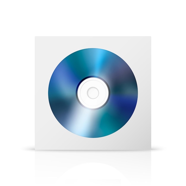 Vector vector 3d realistische blauwe cd dvd met papieren omslag envelop geval geïsoleerde cd box verpakking ontwerpsjabloon voor mockup compact disk pictogram vooraanzicht