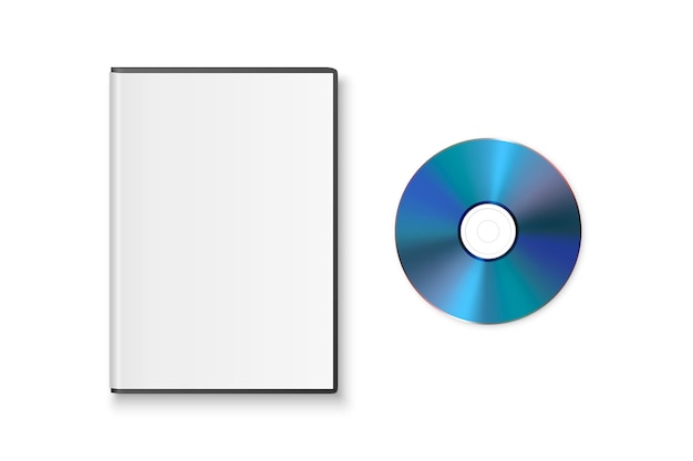 Vector 3d Realistische blauwe CD-DVD met plastic behuizing geïsoleerd op witte CD-doos Verpakkingsontwerp sjabloon voor Mockup Compact Disk en Verpakking Icon Top View