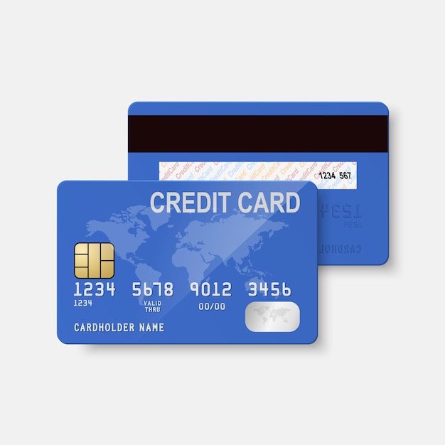 Vector 3d-realistische blauwe creditcard met geïsoleerde kaart ontwerpsjabloon van kunststof creditcard of betaalpas voor mockup branding creditcard betalingsconcept voor-achteraanzicht