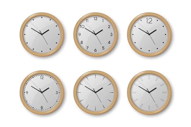 Vector 3D-realistische bruine houten muur Office klok Icon Set geïsoleerd op witte wijzerplaat ontwerpsjabloon van Wall Clock Closeup Mockup voor Branding en adverteren Top vooraanzicht