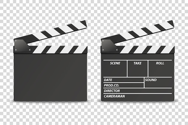 Vector 3D-realistische geopende film Film Clap Board Icon Set close-up geïsoleerd op transparante achtergrond ontwerpsjabloon van Filmklapper Slapstick Filmmaking apparaat vooraanzicht