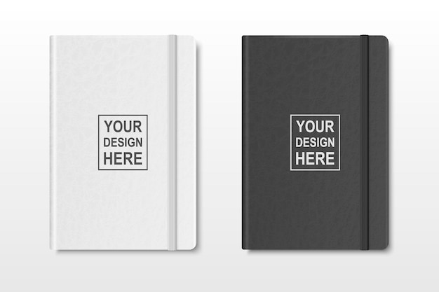 Vector 3D-realistische getextureerde wit en zwart gesloten blanco papier Notebook Set geïsoleerd op transparante achtergrond ontwerpsjabloon van beurt met elastische band voor Mockup Logo Print bovenaanzicht