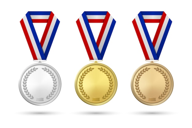 Vector 3d-realistische goud zilver en brons award medaille icon set met kleur linten close-up geïsoleerd op witte achtergrond de eerste tweede derde plaats prijzen sport toernooi overwinning concept