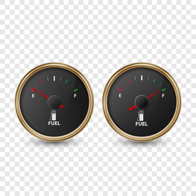 Vector 3d-realistische gouden cirkel gas brandstofmeter olie niveau bar met zwarte wijzerplaat icon set geïsoleerde volledige en lege auto dashboard details brandstof indicator gas meter sensor ontwerpsjabloon