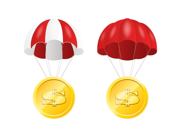 Vector 3d realistische gouden dollar munt cent met parachute set geïsoleerde stijgende prijs van dollar webbanner van vs valuta financiën digitale geldmarkt