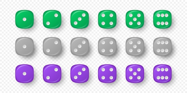 Vector vector 3d realistische groen grijze paarse spel dice icon set closeup geïsoleerde spel kubussen voor gokken casino dices van één tot zes punten ronde randen