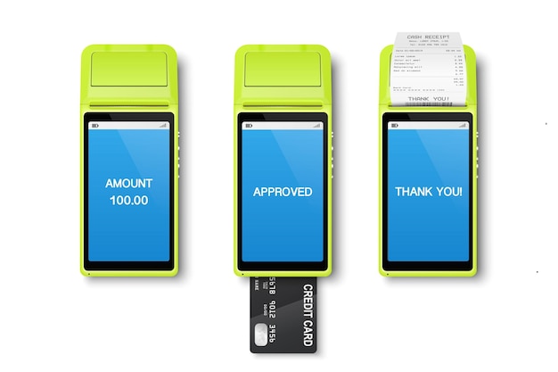 Vector vector 3d realistische groene wifi betalingsmachine kredietkaart receipt pos terminal geïsoleerd
