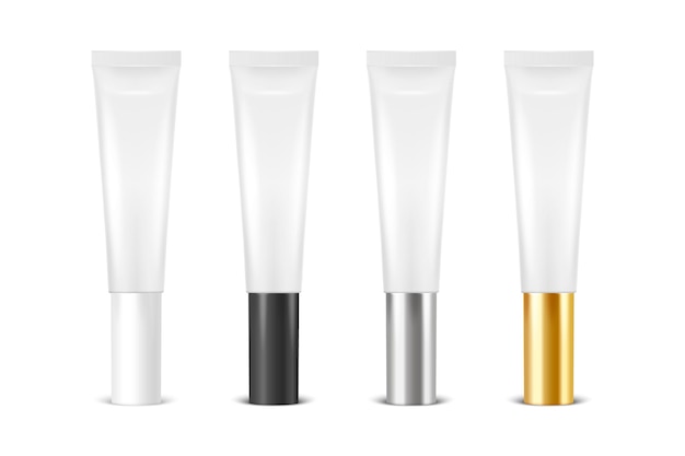 Vector 3D-realistische kunststof metalen witte lippenbalsem lippenstift crème buis verpakking geïsoleerd op een witte achtergrond ontwerpsjabloon van tandpasta cosmetica crème tandpasta voor mockup vooraanzicht