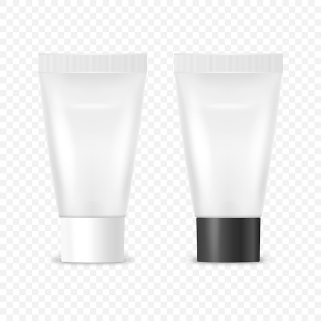 Vector 3D-realistische kunststof metalen witte tandpasta crème buis verpakking met witte en zwarte dop instellen geïsoleerde ontwerpsjabloon van tandpasta cosmetica crème tandpasta voor mockup vooraanzicht