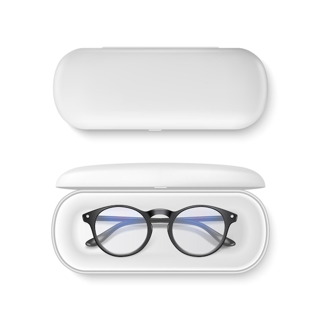 Vector 3D-realistische kunststof ronde zwarte omrande bril in witte zaak Box Set close-up geïsoleerd op witte achtergrond vrouwen mannen Unisex accessoire optiek gezondheid concept ontwerpsjabloon voor mockup