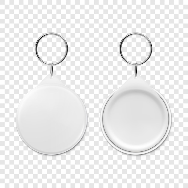 Vector 3D-realistische lege ronde sleutelhanger met ring en ketting voor sleutel geïsoleerde knop badge met ring kunststof metalen ID-badge met kettingen sleutel houder ontwerp sjabloon mockup