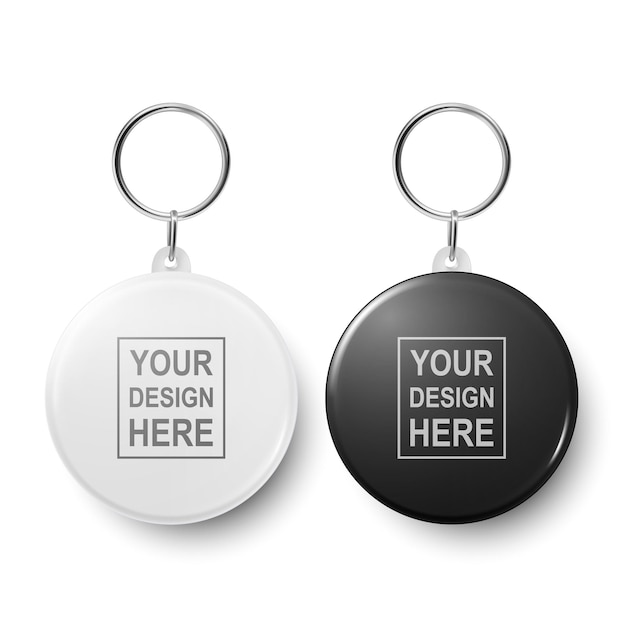 Vector 3D-realistische lege witte en zwarte ronde sleutelhanger met ring en ketting voor sleutel geïsoleerd op wit knop badge met ring kunststof metalen ID-badge met kettingen sleutel houder ontwerp sjabloon mockup