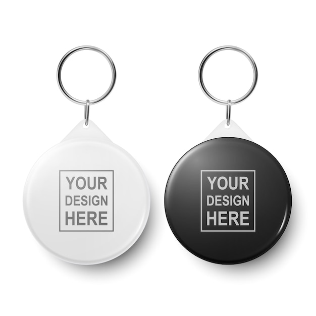 Vector 3D-realistische lege witte en zwarte ronde sleutelhanger met ring en ketting voor sleutel geïsoleerd op wit knop badge met ring kunststof metalen ID-badge met kettingen sleutel houder ontwerp sjabloon mockup