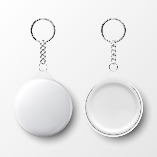 Vector 3D-realistische lege witte ronde sleutelhanger met ring en ketting voor sleutel geïsoleerd op wit knop badge met ring kunststof metalen ID-badge met kettingen sleutel houder ontwerp sjabloon mockup