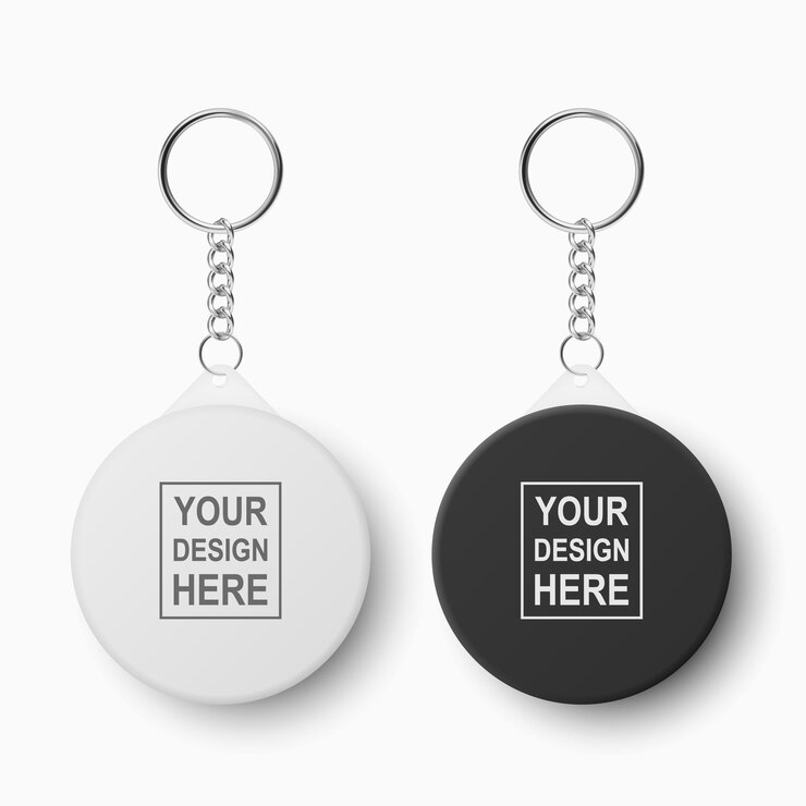 Vector 3D-realistische lege witte ronde sleutelhanger met ring en ketting voor sleutel geïsoleerd op wit knop badge met ring kunststof metalen ID-badge met kettingen sleutel houder ontwerp sjabloon mockup