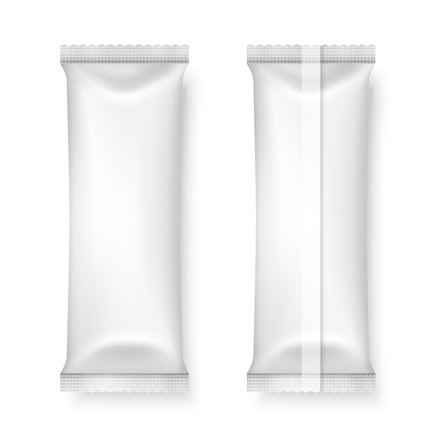 Vector vector 3d-realistische lege witte verpakking icon set close-up geïsoleerd op wit koffie thee zout suiker specerijen chocolade snoep wrapper zakje ontwerpsjabloon van verpakking voor mockup bovenaanzicht