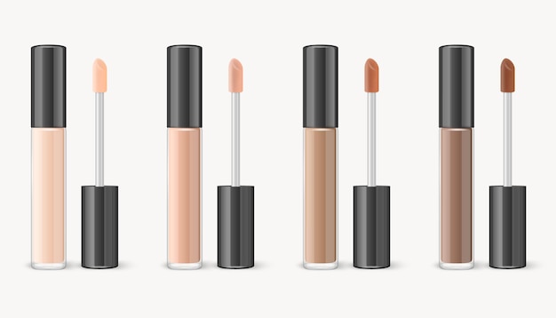 Vector 3D-realistische Lipgloss Foundation Concealer Corrector pakket zwarte dop Lipgloss instellen geïsoleerde glazen container buis Plastic transparante fles ontwerpsjabloon Mockup vooraanzicht