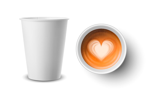 Vector 3d-realistische papier plastic witte wegwerp koffiekopje met melk koffie hart patroon instellen geïsoleerde capuccino latte vector illustratie ontwerpsjabloon voor mockup bovenaanzicht