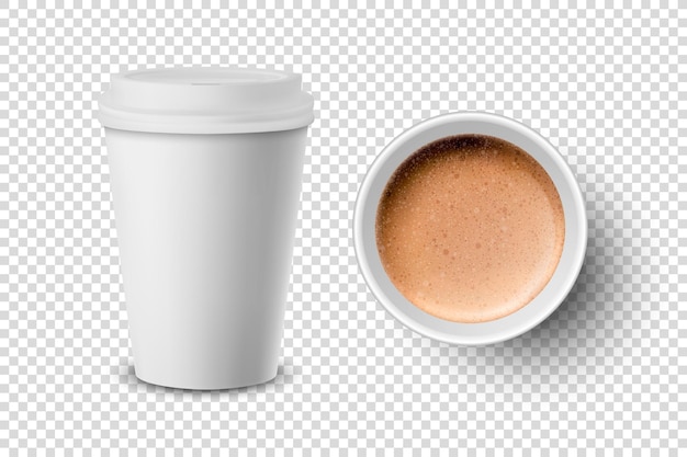 Vector vector 3d-realistische papier witte wegwerp beker set geïsoleerd met melk koffie schuim geïsoleerd latte cappuccino voorraad vector illustratie ontwerpsjabloon boven- en vooraanzicht