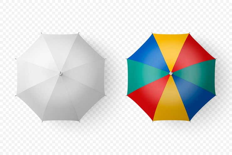 Vector vector 3d-realistische render wit en kleur lege paraplu icon set close-up geïsoleerd op transparante achtergrond ontwerpsjabloon van geopende parasols voor mockup branding adverteren enz bovenaanzicht