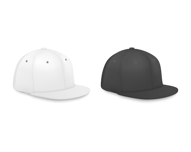 Vector 3d-realistische render witte en zwarte lege baseball cap icon set close-up geïsoleerd op een witte achtergrond ontwerpsjabloon voor mockup branding adverteren zijaanzicht