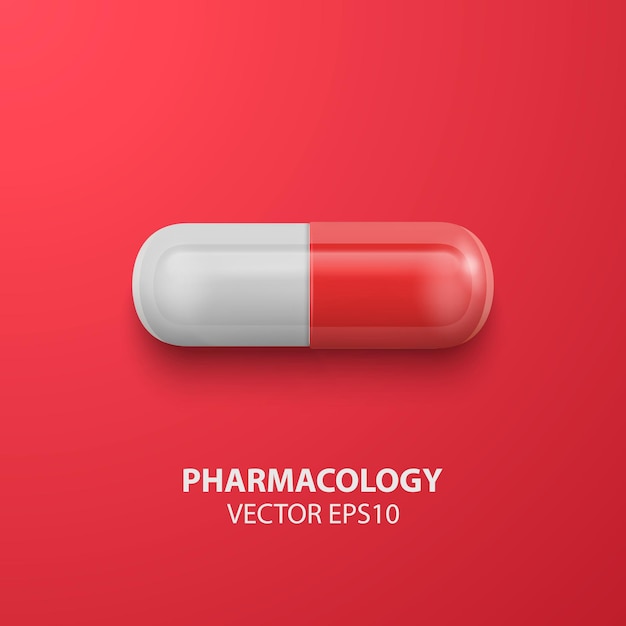 Vector 3D-realistische rode medische pil pictogram close-up op rode achtergrond ontwerpsjabloon voor grafische banners bovenaanzicht gezondheid Covid Coronavirus bescherming vitaminen farmacologie geneeskunde Concept