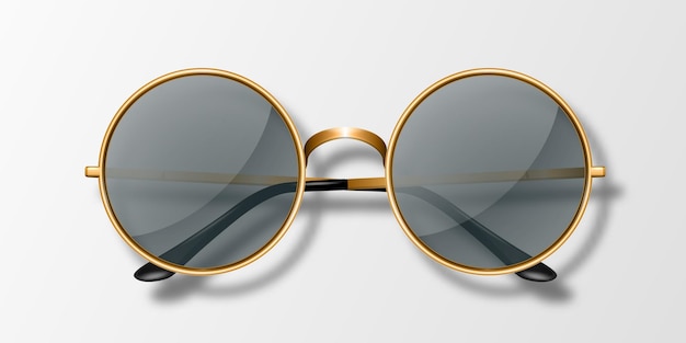 Vector 3d Realistische ronde frame bril Icon geïsoleerde gele gouden gekleurde metalen frame Transparante zwarte zonnebril voor vrouwen en mannen Accessoire Optica Lens Vintage trendy bril Top View