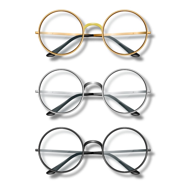 Vector vector 3d realistische ronde frame brillen set glas geïsoleerde transparante zonnebril voor vrouwen en mannen accessoire optica lens vintage trendy brillen top view