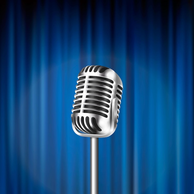 Vector 3D-realistische staal zilver Retro Concert vocale podium microfoon close-up geïsoleerd op blauwe gordijnen achtergrond ontwerpsjabloon van Vintage Karaoke Metal Mic vooraanzicht