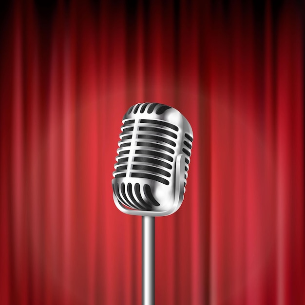 Vector 3d-realistische staal zilver retro concert vocale podium microfoon close-up geïsoleerd op rode gordijnen achtergrond ontwerpsjabloon van vintage karaoke metal mic vooraanzicht