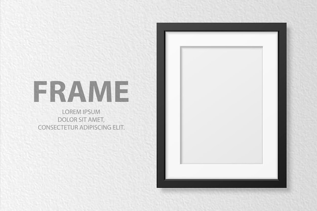 Vector vector 3d-realistische verticale a4 zwarte houten eenvoudige moderne frame op witte getextureerde muur achtergrond kan worden gebruikt voor presentaties ontwerpsjabloon voor mockup vooraanzicht