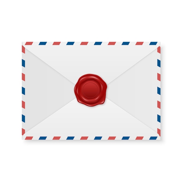 Vector 3D realistische vintage brief stempel lakzegel op witte envelop certificaat document opdruk insignia tag garantie geheime teken label en envelop close-up bovenaanzicht