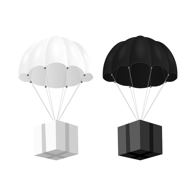Vector 3d-realistische wit zwart parachute met papieren kartonnen doos set geïsoleerd op wit ontwerpsjabloon voor leveringsdiensten post e-commerce sport concept webbanner mockup vooraanzicht