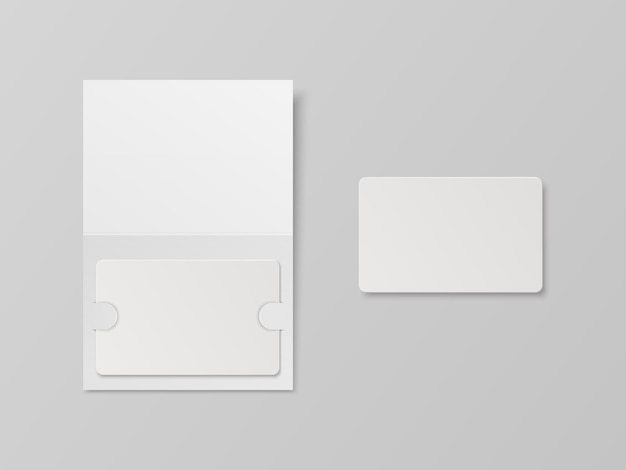 Vector 3D-realistische witte gastenkamer kunststof hotelappartement Keycard ID-kaart verkoop creditcard ontwerpsjabloon met papieren beschermhoes portemonnee voor mockup branding bovenaanzicht