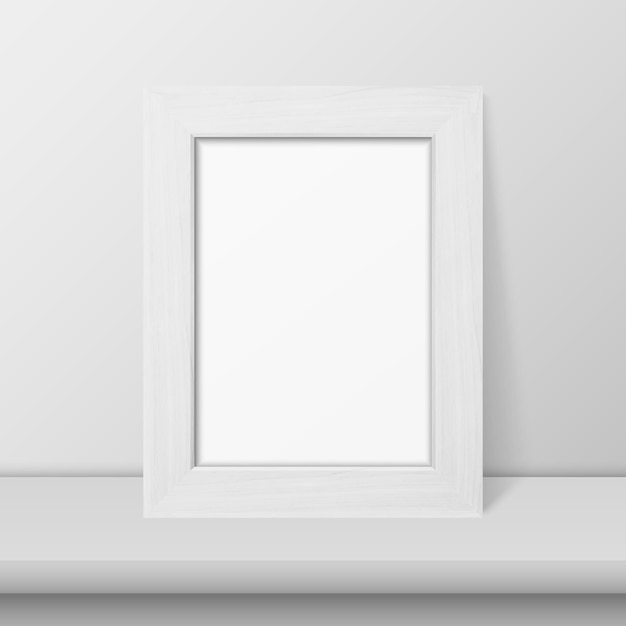 Vector vector 3d-realistische witte houten eenvoudige moderne frame op een witte plank of tafel en witte muur achtergrond het kan worden gebruikt voor presentaties ontwerpsjabloon voor mockup vooraanzicht