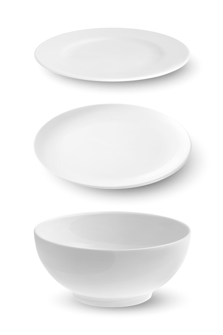 Vector 3D-realistische witte lege porseleinen keramische plaat Bowl Icon Set close-up geïsoleerd op een witte achtergrond ontwerpsjabloon voor Mockup voorraad vectorillustratie Front Top zijaanzicht