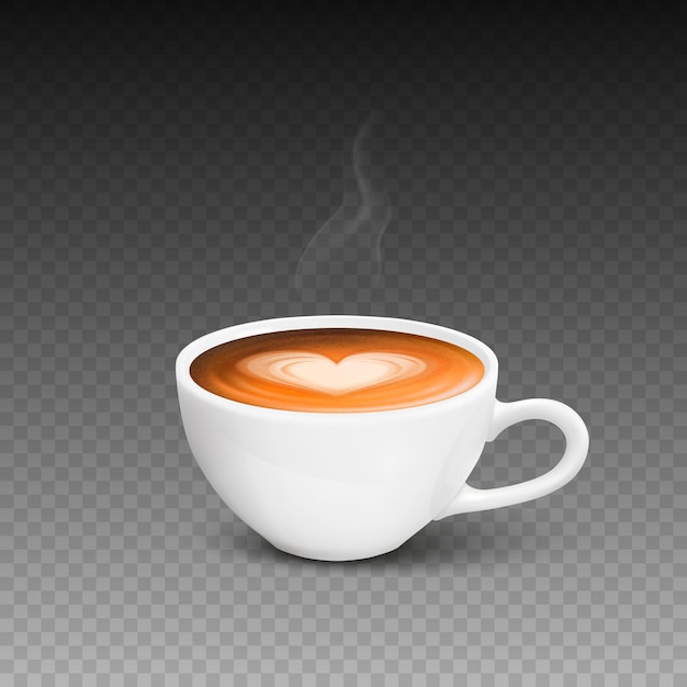 Vector vector 3d-realistische witte porseleinen keramische mok hete melk koffie schuim bloem hart patroon en rook geïsoleerd espresso capuccino latte voorraad vector illustratie ontwerpsjabloon vooraanzicht