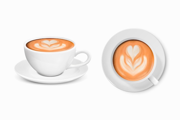 Vector 3D-realistische witte porseleinen keramische mok melk koffie schuim bloem hart patroon ingesteld geïsoleerd op wit Capuccino Latte voorraad vectorillustratie ontwerp sjabloon mockup vooraanzicht bovenaanzicht