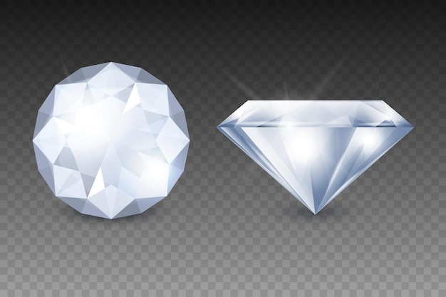 Vector 3D realistische witte transparante edelsteen diamant kristal steentjes icon set close-up geïsoleerde jewerly concept ontwerp sjabloon clipart boven- en zijaanzicht