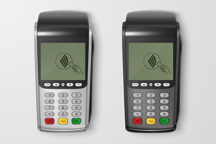 Vector 3D-realistische zilver zwart betaling WiFi Machine Set POS Terminal close-up geïsoleerd goedgekeurde betaling ontwerpsjabloon Bank betalingsterminal mockup verwerking NFC betalingen apparaat bovenaanzicht