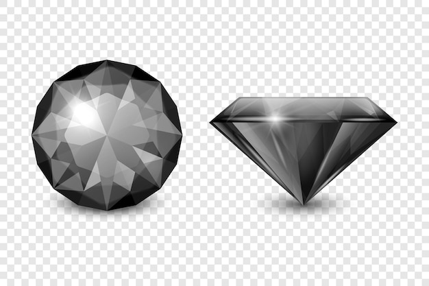 Vector 3D realistische zwarte edelsteen diamant kristal steentjes icon set close-up geïsoleerd jewerly concept ontwerp sjabloon clipart boven- en zijaanzicht