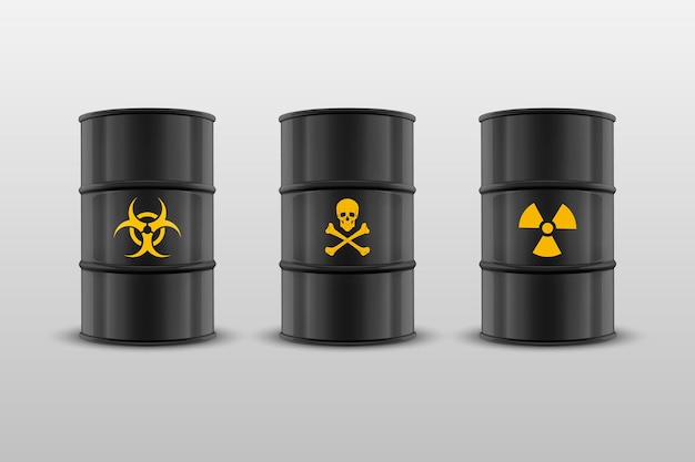 Vector 3d-realistische zwarte eenvoudige glanzende emaille metalen olie brandstof benzine vaten biohazard gevaar straling teken geïsoleerd op wit ontwerpsjabloon van verpakking voor mockup vooraanzicht