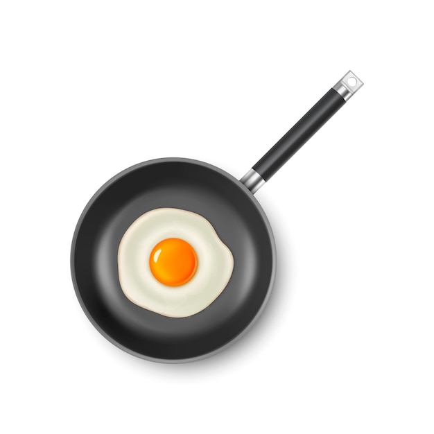 Vector 3D-realistische zwarte koekenpan met gebakken Edd omelet binnen geïsoleerd op een witte achtergrond ontbijt voedsel concept ontwerpsjabloon mockup bovenaanzicht