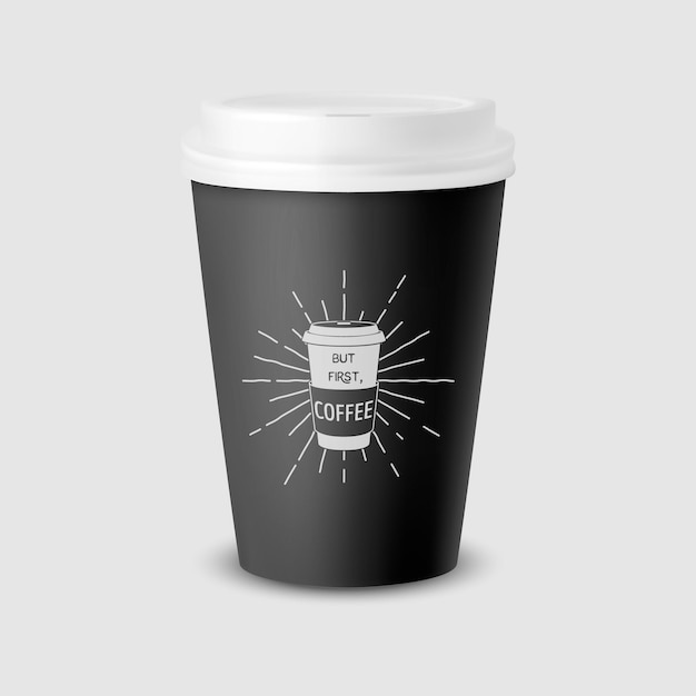 Vector 3D-realistische zwarte papieren wegwerpbeker met witte deksel geïsoleerd op een witte achtergrond typografie citaat zin over koffie voorraad vector illustratie ontwerpsjabloon vooraanzicht