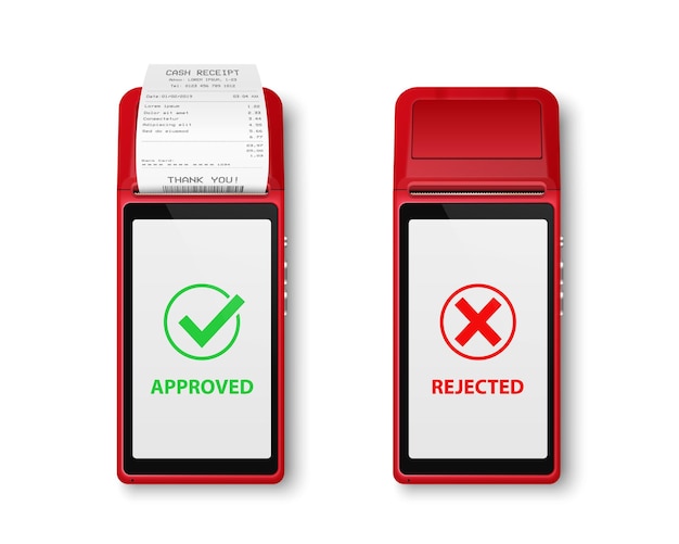 Вектор 3d Красный NFC платежный автомат Изолированный Одобренный Отвергнутый статус транзакции Wi-Fi Беспроводная платежная POS терминальная машина Дизайн шаблона банковского платежного бесконтактного терминала Mockup Top VIew