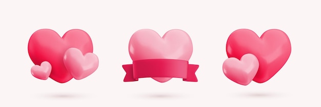 Vector 3d red and pink heart concepts set Cute realistic glossy hearts couple heart with ribbon icon Minimal 3d render love heart illustration for Valentines day Mothers Day wedding decoration