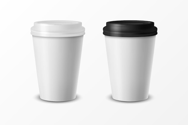 Vector 3d relistic glossy paper or plastic disposable white coffee cup with lid cap design template for cafe restaurant brand identity mockup front view